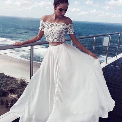 White lace two pieces long prom dress, white evening dress - Thumbnail 5