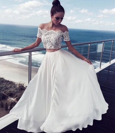 White lace two pieces long prom dress, white evening dress