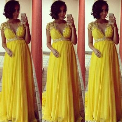  2017 elegant evening dresses for pregnant women cap sleeve v-neck beaded pleated chiffon yellow prom dresses robe de soiree
