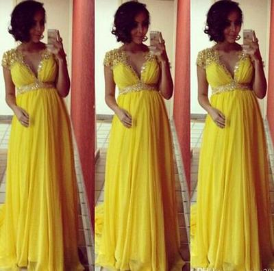  2017 Elegant Evening Dresses for Pregnant Women Cap Sleeve V-neck Beaded Pleated Chiffon Yellow Prom Dresses Robe De Soiree