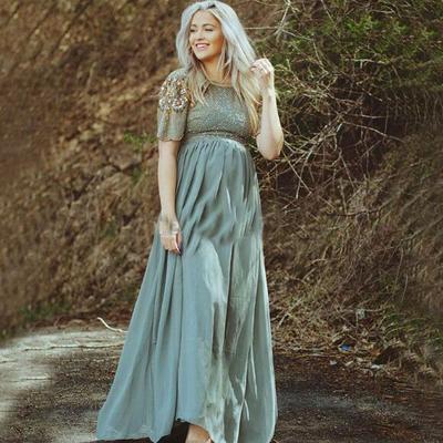  vintage chiffon long prom dresses for pregnant women 2017 short sleeves beading crystal a line evening gowns vestido party custom