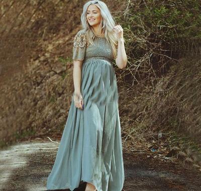  Vintage Chiffon Long Prom Dresses For Pregnant Women 2017 Short Sleeves Beading Crystal A Line Evening Gowns Vestido Party Custom