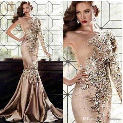 Crystal evening dresses 2017 abaya in dubai one shoulder rhinestone formal gowns muslim long sleeve gold prom dresses