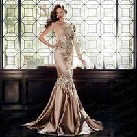 Crystal Evening Dresses 2017 Abaya In Dubai One Shoulder Rhinestone Formal Gowns Muslim Long Sleeve Gold Prom Dresses - Thumbnail 1