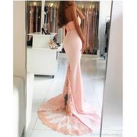 Pink Evening Dress Long Halter Applique Lace Evening Party Dress With Long Train Satin Backless Formal Prom Party Gowns - Thumbnail 2