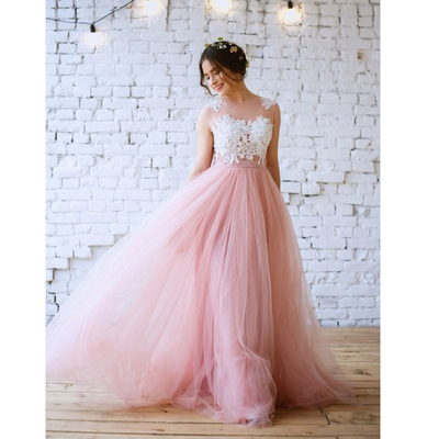 Long prom dress, pink prom dress, tulle prom dress, lace top prom dress, formal prom dress, charming prom dress, pd15422