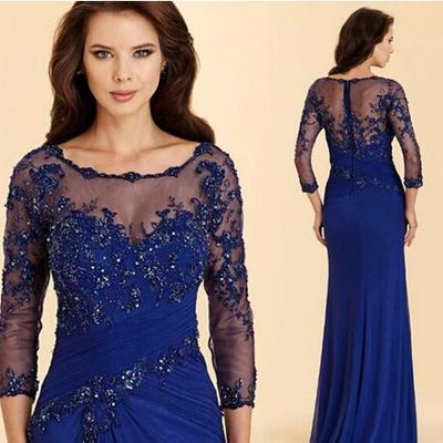  vintage royal blue evening dress high quality applique chiffon prom party dress formal event gown mother of the bride dress 