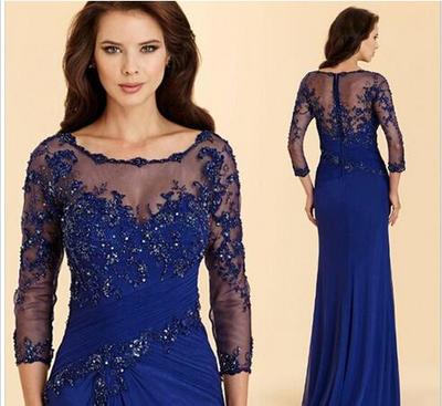  Vintage Royal Blue Evening Dress High Quality Applique Chiffon Prom Party Dress Formal Event Gown Mother Of The Bride Dress 