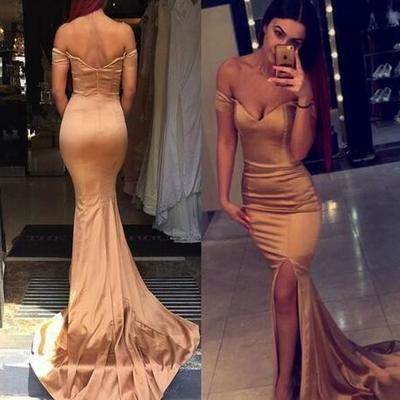 2017 new arrival rose gold off shoulder long prom dresses sexy mermaid side split evening dresses wear cheap formal floor length party gowns