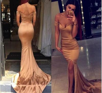 2017 New Arrival Rose Gold Off Shoulder Long Prom Dresses Sexy Mermaid Side Split Evening Dresses Wear Cheap Formal Floor Length Party Gowns