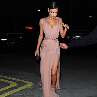 2017 irina shayk celebrity dresses sexy red carpet evening dresses a-line chiffon deep v-neck long prom party gowns side split