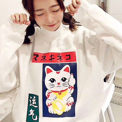 Free shipping - lucky cat printed sweatshirt - Thumbnail 5
