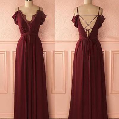 Charming prom dress,sexy prom dress,burgundy chiffon evening party dress,long prom dresses ,a line evening dress