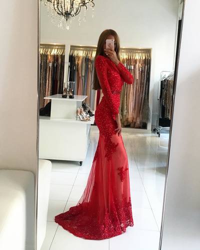 Charming Prom Dress,Long Sleeve Lace Mermaid Prom Dresses,Sexy Red Evening Dress,Elegant Formal Evening Dresses