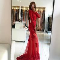 Charming Prom Dress,Long Sleeve Lace Mermaid Prom Dresses,Sexy Red Evening Dress,Elegant Formal Evening Dresses - Thumbnail 1