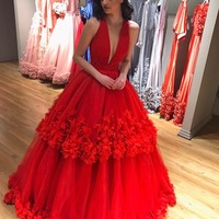 Cheap prom dresses 2018,Deep V Neckline Layered Tulle Prom Dresses Ball Gowns - Thumbnail 1