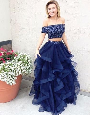 Charming Prom Dress, Sexy Evening Party Dress, Two Piece Prom Dresses,Ruffles Tulle Evening Dress
