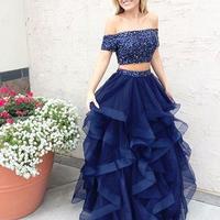 Charming Prom Dress, Sexy Evening Party Dress, Two Piece Prom Dresses,Ruffles Tulle Evening Dress - Thumbnail 1