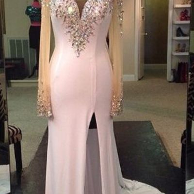 Prom dress,sexy long sleeve prom dress,crystal mermaid evening dress,high low evening gown 