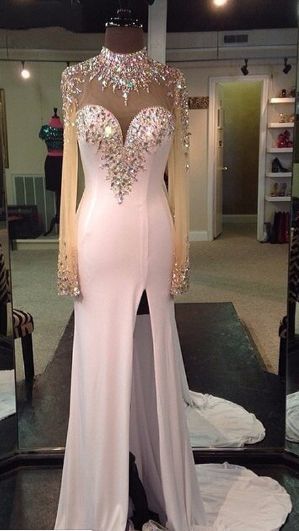 Prom Dress,Sexy Long Sleeve Prom Dress,Crystal Mermaid Evening Dress,High Low Evening Gown 