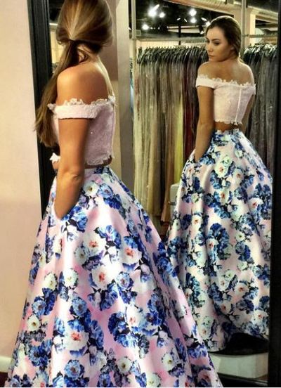 Fashion Two Piece Pink Prom Dress - Off the Shoulder with Lace Beading Floral