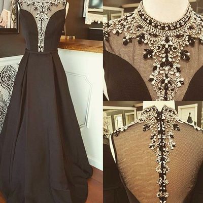 Elegant a-line high neck black long prom dress with beading