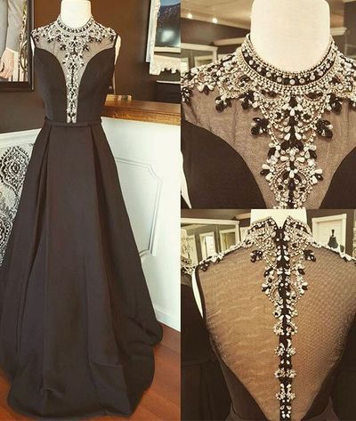 Elegant A-Line High Neck Black Long Prom Dress with Beading