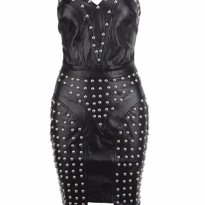 Black studded faux leather dress