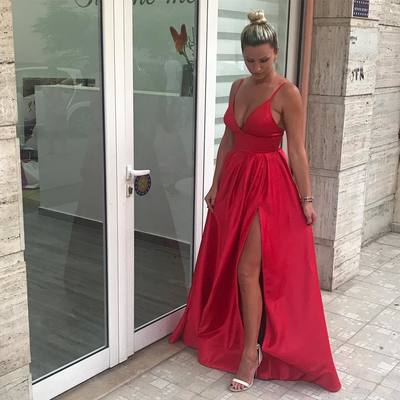 Deep V neck Sexy Side Slit Satin Evening Prom Dresses Long in Black Color