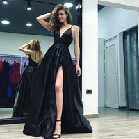 Deep V neck Sexy Side Slit Satin Evening Prom Dresses Long in Black Color - Thumbnail 1
