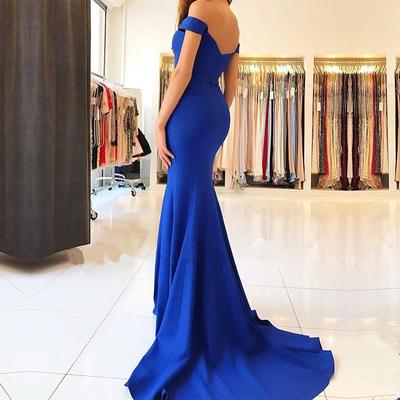 Off Shoulder Mermaid Evening Dresses Long Prom Gowns in Royal Blue Satin