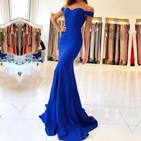Off Shoulder Mermaid Evening Dresses Long Prom Gowns in Royal Blue Satin - Thumbnail 1