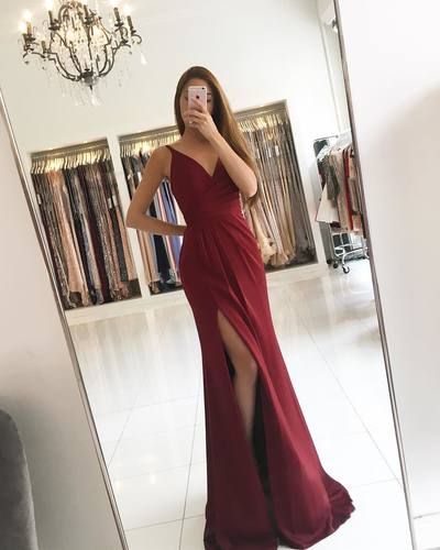Burgundy Chiffon Mermaid Evening Dress 2017 Simple Pleats Side Slit V neck Sexy Long Prom Dresses Party Gowns Evening Wear vestidos