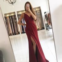 Burgundy Chiffon Mermaid Evening Dress 2017 Simple Pleats Side Slit V neck Sexy Long Prom Dresses Party Gowns Evening Wear vestidos - Thumbnail 1