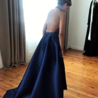 Sexy Halter Backless Blue Satin Evening Long Dresses with Front Slit - Thumbnail 2