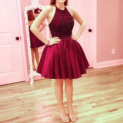 Halter Burgundy Short Homecoming Dress Prom Dress with Beaded