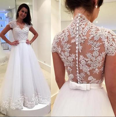 Cap Sleeve Wedding Dress, A Line Wedding Dress, White Wedding Dress, Lace Applique Wedding Dress, Bridal Dresses 