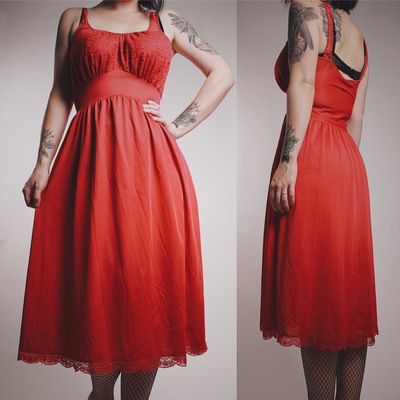 CLAIMED @vamps420 - Vintage 60s Red Lace and Satin Nightie Dress 