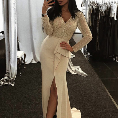 Z175 v-neck mermaid long sleeve beading charming prom dress - Thumbnail 3