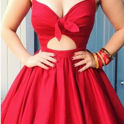 Red deep v neck bowknot a line strapless sexy homecoming dress