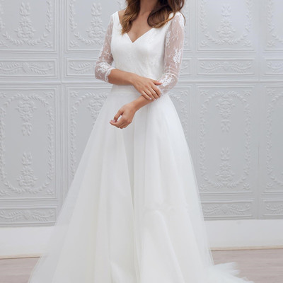 Floor length white tulle lace v-neck a-line prom dress with open back ,elegant party dress