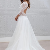 Floor Length White Tulle Lace V-neck A-line Prom Dress With Open Back ,Elegant Party Dress - Thumbnail 1