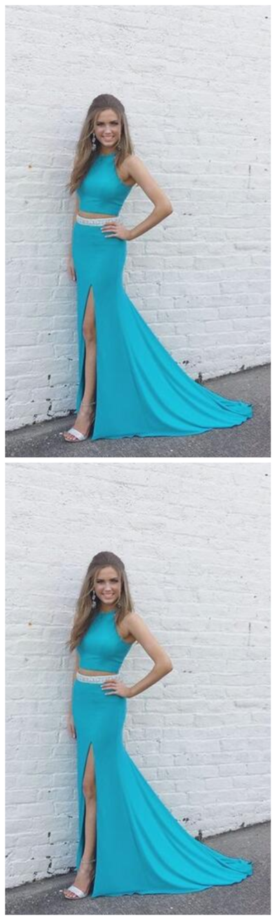 Baby Blue Prom Dress,Two Pieces Satin Prom Dresses