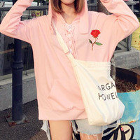 Lace up Rose Hoodie Sweatshirt - Thumbnail 2