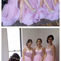 Pink Straps Appliques A-Line Long Bridesmaid Dresses - Thumbnail 2