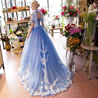 Blue prom dress, half sleeve prom dress, lace applique prom dress, high neck prom dress, a line prom dress