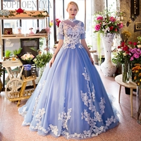 Blue Prom Dress, Half Sleeve Prom Dress, Lace Applique Prom Dress, High Neck Prom Dress, A Line Prom Dress - Thumbnail 1