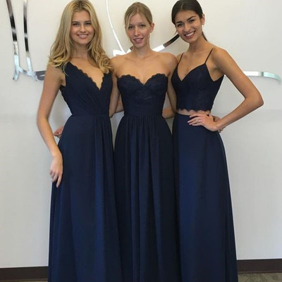 Mismatched bridesmaid dresses, navy blue bridesmaid dress, long bridesmaid dress, a line bridesmaid dress