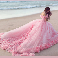 Glamorous Off-the-shoulder Ball Gown Sweep Train Pink Wedding Dress with Flower - Thumbnail 1