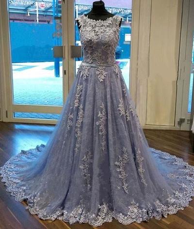 Unique Round Neck Lace Tulle Long Prom Dress, Lace Evening Dress, Dusty Blue Prom Dresses, Blue Lace Prom Dress, Modest Prom Dresses
